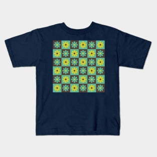 Teal Mod Flower Checkers Kids T-Shirt